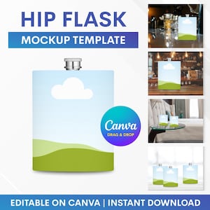 Puede incluir: Plantilla de maqueta de petaca rectangular con tapa plateada. El diseño de la petaca presenta un gráfico de cielo y paisaje. El texto "HIP FLASK MOCKUP TEMPLATE" está en la parte superior. El logotipo de Canva está a la derecha. El texto inferior dice "EDITABLE ON CANVA | INSTANT DOWNLOAD".