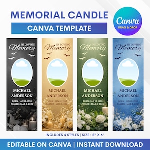 Puede incluir: Cuatro plantillas verticales de etiquetas para velas conmemorativas en negro, oro, verde y azul. Cada una incluye el texto IN LOVING MEMORY, un marcador de posición para fotos, el nombre MICHAEL ANDERSON, fechas de nacimiento y fallecimiento, y gráficos florales. Tamaño 5,08 cm x 15,24 cm.