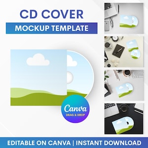 Può includere: Un modello di mockup per copertina di CD con un design paesaggistico blu e verde. Il testo "CD COVER MOCKUP TEMPLATE" è in alto, con "Canva Drag & Drop" in un cerchio in basso. Il testo "EDITABLE ON CANVA | INSTANT DOWNLOAD" è in basso.