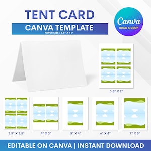 Peut inclure: Une carte de tente blanche avec le texte "TENT CARD CANVA TEMPLATE" et "PAPER SIZE: 8.5" X 11". Plusieurs modèles de cartes sont affichés, allant de 8,9 cm x 5,1 cm à 17,8 cm x 12,7 cm. Le logo Canva est également présent. Le texte "EDITABLE ON CANVA | INSTANT DOWNLOAD" est en bas.