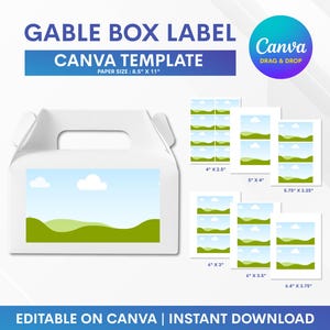 May include: A white gable box label template with the text "GABLE BOX LABEL CANVA TEMPLATE" and "PAPER SIZE: 8.5" X 11". Includes various label sizes, such as 4" x 2.5" and 6.4" x 3.75". The Canva logo is also present.