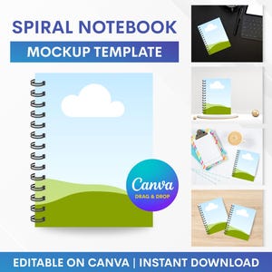 May include: Spiral notebook mockup template with a blue sky and green landscape design. The notebook has a spiral binding and is shown in multiple mockups. Text on the image includes "Spiral Notebook Mockup Template" and "Editable on Canva | Instant Download."