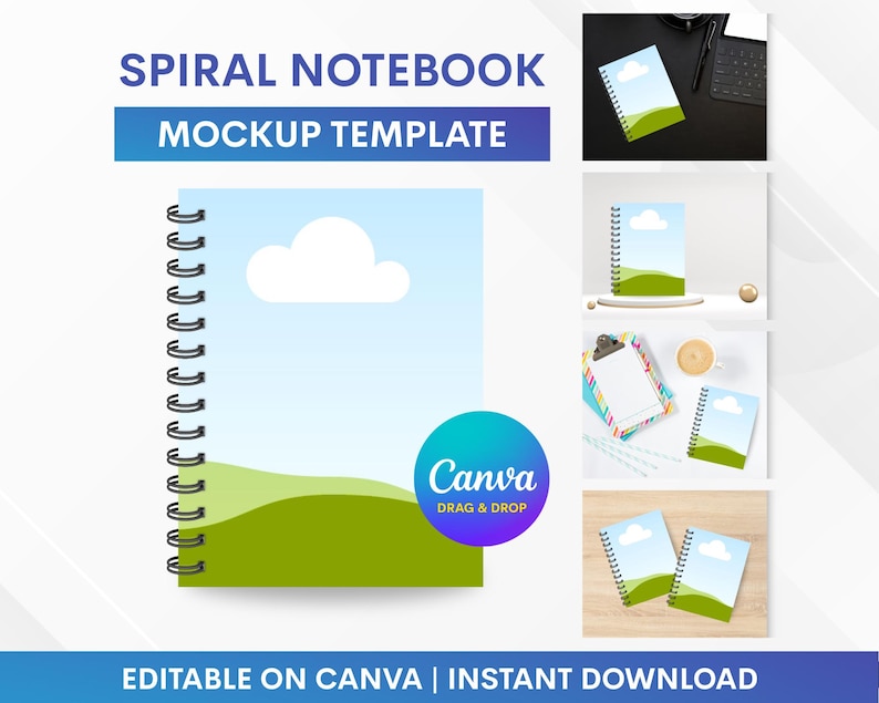 May include: Spiral notebook mockup template with a blue sky and green landscape design. The notebook has a spiral binding and is shown in multiple mockups. Text on the image includes "Spiral Notebook Mockup Template" and "Editable on Canva | Instant Download."