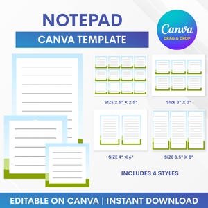 Puede incluir: Una plantilla digital de bloc de notas para Canva con cuatro estilos distintos que presentan un diseño gráfico de cielo azul claro y hierba verde. El diseño incluye varios tamaños como 6,35 cm x 6,35 cm, 7,62 cm x 7,62 cm, 10,16 cm x 15,24 cm y 8,89 cm x 20,32 cm.