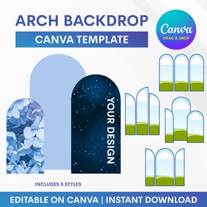 Puede incluir: Una plantilla digital para fondos de arco, que muestra varios diseños. La imagen presenta formas de arco con patrones florales, de noche estrellada y de paisaje. El texto incluye "ARCH BACKDROP CANVA TEMPLATE", "YOUR DESIGN" y "EDITABLE ON CANVA | INSTANT DOWNLOAD".