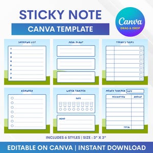 May include: A digital Canva template for 3 inch by 3 inch sticky notes featuring six distinct layouts: a numbered shopping list, a meal planner, a task list with checkboxes, a reminder list, a water tracker with icons, and a money tracker.