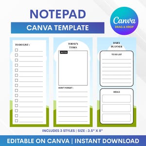 Puede incluir: Una plantilla digital de bloc de notas para Canva con tres diseños distintos sobre un fondo de cielo azul claro y hierba verde. Incluye secciones para listas de tareas, notas y comidas. El texto incluye "NOTEPAD", "CANVA TEMPLATE", "TO DO LIST", "TODAY'S TASKS", "NOTES", "DON'T FORGET", "DAILY PLANNER", "MEALS", "INCLUDES 3 STYLES | SIZE : 3.5" X 8"" y "EDITABLE ON CANVA | INSTANT DOWNLOAD".