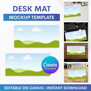 May include: A desk mat mockup template with a landscape design featuring a blue sky, white clouds, and green hills. The image includes the text "DESK MAT MOCKUP TEMPLATE" and "EDITABLE ON CANVA | INSTANT DOWNLOAD".