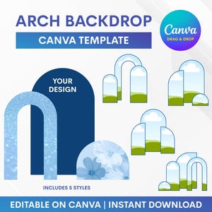 May include: An arch backdrop Canva template featuring five distinct styles of arched frames. The graphic includes a large blue glitter arch, a dark blue arch with the text YOUR DESIGN, and a semi-circle with blue floral patterns. Includes 5 styles.