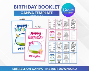 Modelo de livreto de aniversário para Canva, mini livro de colorir, livro de atividades de aniversário, jogos de aniversário para crianças, desenhos para colorir de aniversário, editável no Canva