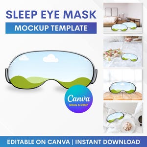 以下が含まれることがあります： 睡眠用アイマスクのモックアップテンプレート。マスクは黒で、緑と青の風景のデザイン。テキスト「Canva DRAG & DROP」は青と紫の円の中にあります。テキスト「SLEEP EYE MASK MOCKUP TEMPLATE」は青と白で表示されています。テキスト「EDITABLE ON CANVA | INSTANT DOWNLOAD」は青と白で表示されています。