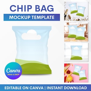 May include: Mockup template for a chip bag with a blue sky and green hills design. The bag is editable on Canva and includes a drag and drop feature.  The text "Canva Drag & Drop" is visible on the bag.