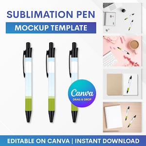 Könnte beinhalten: Ein Mockup-Template mit drei Sublimationsstiften mit schwarzer Tinte und einem weißen, hellblauen und grünen Design. Das Bild enthält den Text "SUBLIMATION PEN MOCKUP TEMPLATE" und "EDITABLE ON CANVA | INSTANT DOWNLOAD".