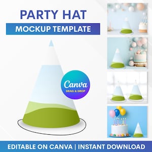 Könnte beinhalten: Partyhut-Mockup-Vorlage mit weißem und grünem Design. Das Bild enthält den Text "Party Hat Mockup Template" und "Editable on Canva | Instant Download". Ein Canva-Logo ist ebenfalls vorhanden.