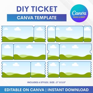 Puede incluir: Una plantilla de ticket DIY para Canva que presenta seis estilos de tickets distintos con bordes azules y un gráfico de colinas verdes y nubes blancas sobre un cielo azul. El texto dice DIY TICKET CANVA TEMPLATE, INCLUDES 6 STYLES | SIZE : 2" X 5.5", EDITABLE ON CANVA | INSTANT DOWNLOAD.