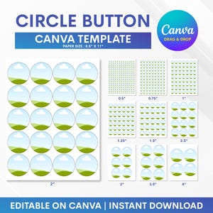Könnte beinhalten: Eine digitale Canva-Vorlage für Kreistasten. Das Design umfasst verschiedene Größen von 1,3 cm bis 10,2 cm mit einer Landschafts- und Himmelsgrafik. Das Papierformat beträgt 21,6 cm x 27,9 cm. Der Text enthält "Circle Button Canva Template" und "Editable on Canva | Instant Download".