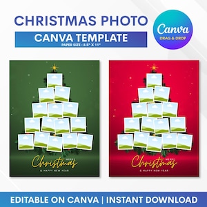 Könnte beinhalten: Weihnachtsfoto-Canva-Vorlage mit grünen und roten Hintergründen. Die Vorlage zeigt ein Weihnachtsbaumdesign aus Foto-Platzhaltern. Der Text "Christmas & Happy New Year" ist in goldener Schrift geschrieben. Papierformat: 21,6 cm x 27,9 cm.