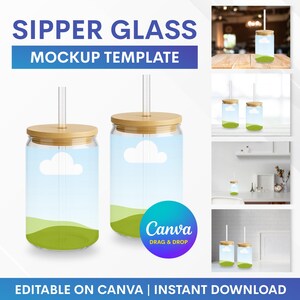 Könnte beinhalten: Zwei transparente Trinkgläser mit Bambusdeckeln und Strohhalmen. Die Gläser haben ein Himmel- und Wolken-Design mit einer grünen Landschaft am Boden. Der Text "SIPPER GLASS MOCKUP TEMPLATE" steht oben. Das Canva-Logo ist sichtbar.