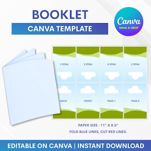 Könnte beinhalten: Eine Booklet-Canva-Vorlage mit einem hellblauen Einband und einem Raster aus acht Seiten mit einer grünen Landschaft und weißen Wolken. Der Text umfasst BOOKLET, CANVA TEMPLATE, PAPER SIZE: 11" X 8.5", FOLD BLUE LINES, CUT RED LINES.