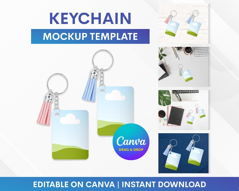 K&ouml;nnte beinhalten: Ein Schl&uuml;sselanh&auml;nger-Mockup-Template mit quadratischem Design, das eine Himmel- und Landschaftsszene zeigt. Die Schl&uuml;sselanh&auml;nger haben silberne Ringe und farbige Quasten. Der Text "KEYCHAIN MOCKUP TEMPLATE" ist oben und "EDITABLE ON CANVA | INSTANT DOWNLOAD" unten zu sehen.