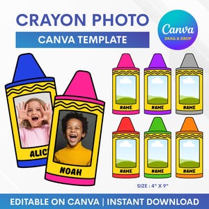 Peut inclure: Un modèle numérique Canva présentant des cadres photo en forme de crayons avec le texte CRAYON PHOTO CANVA TEMPLATE et CANVA DRAG & DROP. Le design inclut deux grands et six petits graphiques de crayons avec des espaces pour photos et noms, mesurant 10,16 cm par 22,86 cm.