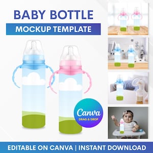 以下が含まれることがあります： 青とピンクの2つの哺乳瓶のモックアップテンプレート。ハンドルと雲のデザインがあります。ボトルは透明なボディと緑色のベースです。「BABY BOTTLE MOCKUP TEMPLATE」と「EDITABLE ON CANVA | INSTANT DOWNLOAD」のテキストが含まれています。