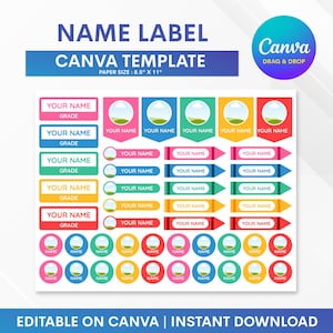 Könnte beinhalten: Ein Bogen mit farbenfrohen Namensetiketten mit dem Text "NAME LABEL CANVA TEMPLATE". Die Etiketten haben verschiedene Formen und Farben, darunter Rosa, Blau, Grün, Gelb und Rot. Das Papierformat ist 21,6 cm x 27,9 cm.