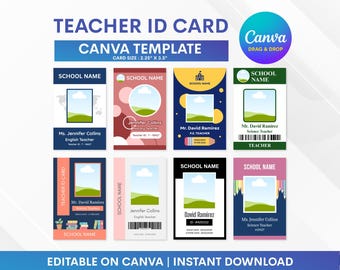 Modelo de cartão de identificação de professor no Canva, crachá de identificação de professor com nome, modelo de cartão de identificação personalizável, editável no Canva