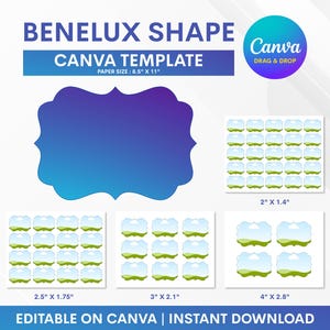May include: A digital template with the text "BENELUX SHAPE CANVA TEMPLATE" and "PAPER SIZE: 8.5" X 11". Includes a large blue and purple shape, and several smaller templates with a sky and landscape design. The Canva logo is also present.