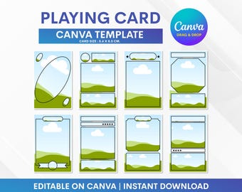 May include: A digital template for playing cards with a blue and white sky and green landscape design. The template includes various card layouts, with the text "PLAYING CARD CANVA TEMPLATE" and "CARD SIZE: 2.2 x 3.3 inches". The Canva logo is also visible.