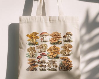 Vintage Mushroom Tote Bag, Retro Botanical Fungi Bag, Cottagecore Foraging Tote, Forestcore Aesthetic Bag, Plant Lover Gift, Eco Tote