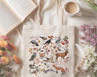 Woodland Animals Canvas Tote Bag, Forest Creatures Bag, Cottagecore Bag, Fox Deer Owl Bird Tote, Botanical Nature Tote, Wildlife Lover Gift