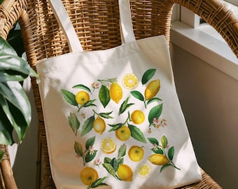 Lemon Canvas Tote Bag, Botanical Citrus Tote, Vintage Lemon Fruit Bag, Cottagecore Nature Garden Tote, Fruit Lover Gift, Gift For Gardener