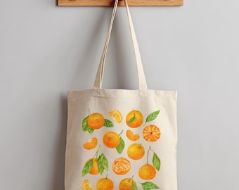 Tangerine Fruit Tote Bag, Citrus Market Bag, Eco Friendly Organic Cotton Tote, Mandarin Orange Lover Gift, Fresh Produce Grocery Bag