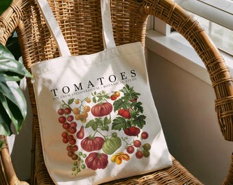 Sac fourre-tout en toile tomate, fourre-tout de fruits botaniques, sac de légumes Cottagecore, sac de jardin rétro, cadeau pour amateur de tomates, fourre-tout pour marché fermier, sac esthétique