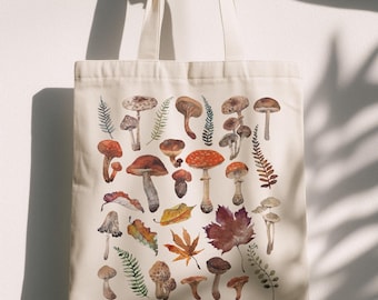 Vintage Mushroom Tote Bag, Botanical Canvas Bag, Autumn Cottagecore Tote, Forestcore Tote, Nature Lover Bag, Fall Aesthetic Gift, OAD113