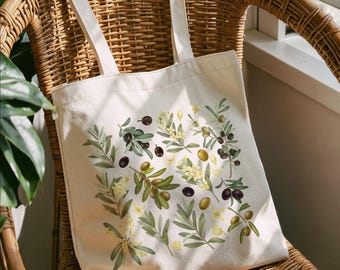 Sacola de lona com estampa de azeitona, estampa de oliveira em flor, estilo botânico campestre, bolsa com estética natural, presente para amantes de plantas, presente para jardineiros.