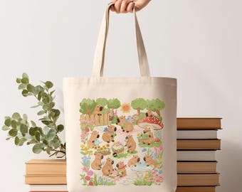 Capybara Garden Eco Tote Bag, Gardening Animal Bag, Cottagecore Capybara Bag, Floral Spring Aesthetic Tote, Nature Lover Gift, Gardener Gift