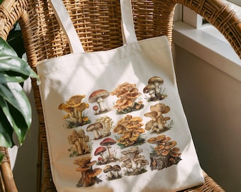 Vintage Mushroom Canvas Tote Bag, Retro Fungi Bag, Botanical Bag, Cottagecore Foraging Tote, Forestcore Aesthetic Bag, Plant Lover Gift