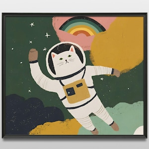Arte de pared de gato espacial retro: un caprichoso gato astronauta imprimible para habitaciones infantiles o amantes de las mascotas.