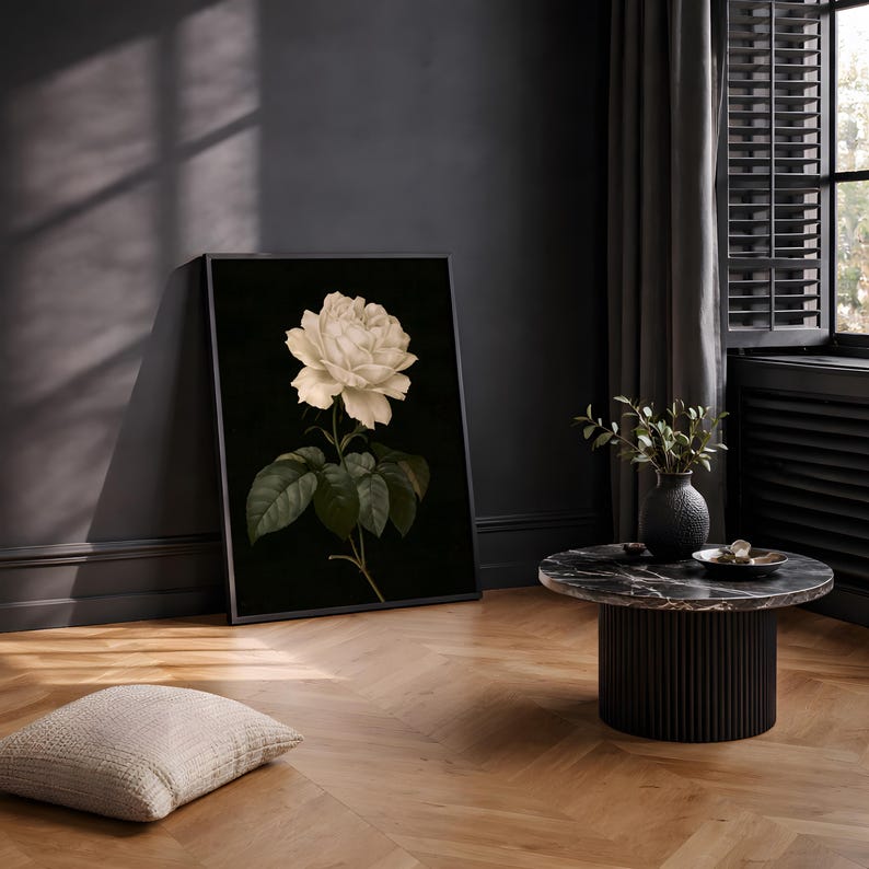 Dark Academia White Rose Wall Art | Vintage Floral Botanical Print ...