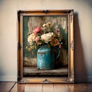 May include: A framed floral still life. The artwork features a bouquet of roses and other flowers in a distressed blue metal pitcher. The frame is ornate with a gold finish, and the background has a rustic, weathered appearance.