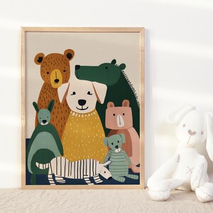 Arte de parede com cachorros e amigos de pelúcia – Imprimível para quarto de bebê, decoração de quarto infantil, download digital, pôster de filhote de animal, presente de designer de interiores