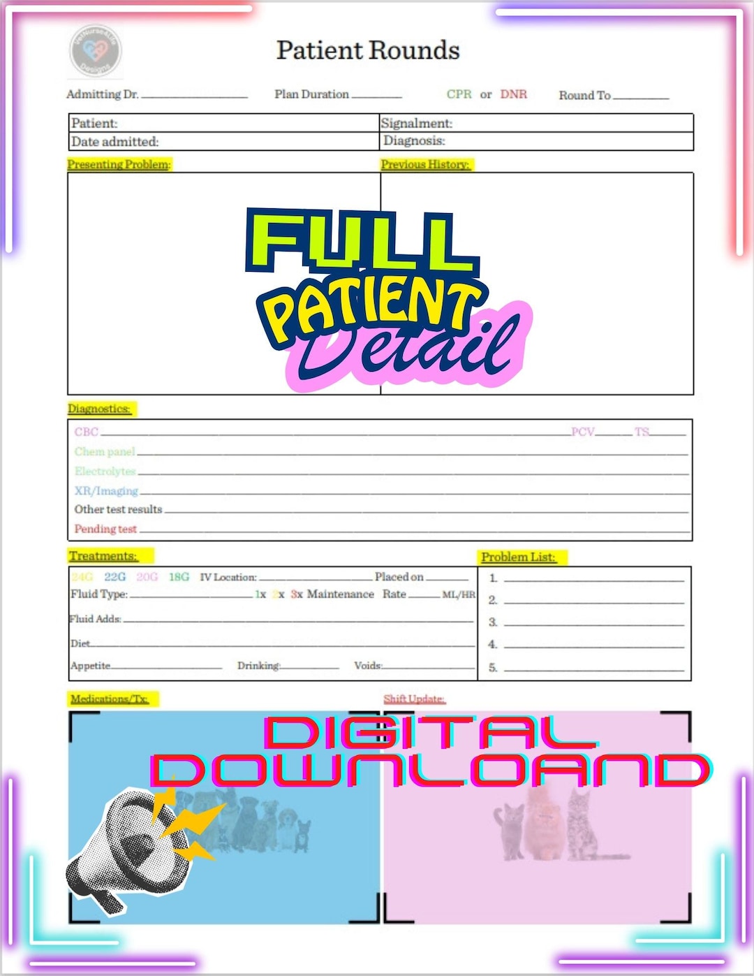 Veterinary Rounding Sheet | Critical Care Patient Tracker (digital ...