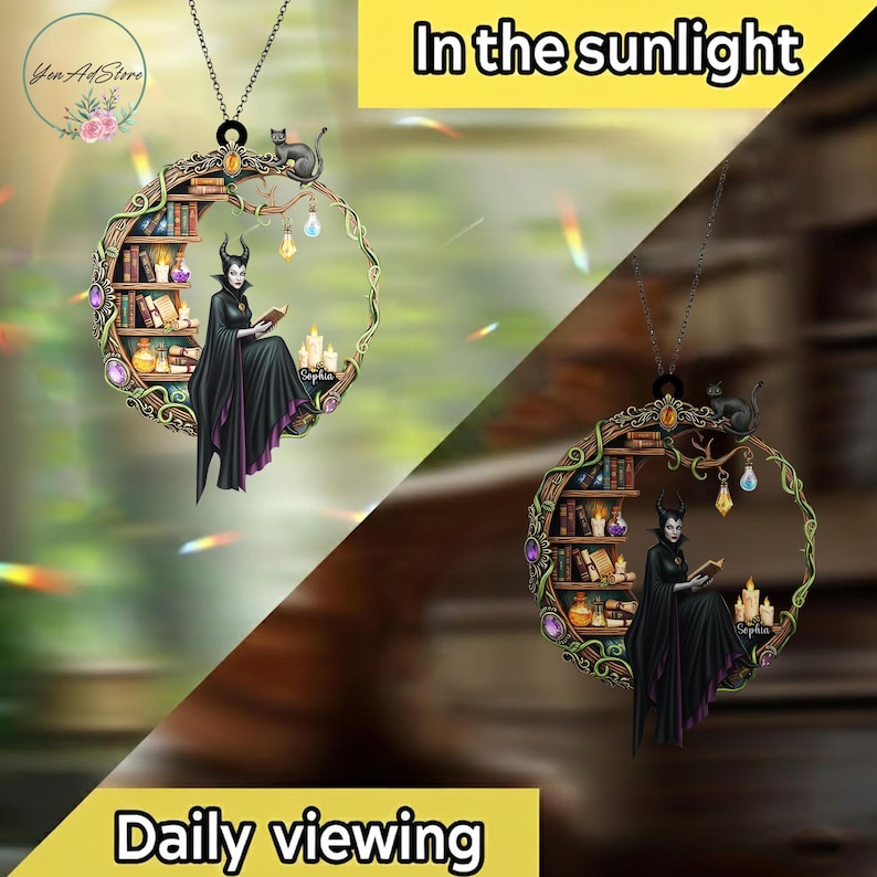 May include: A circular pendant featuring a fantasy scene with a woman in a black cloak reading a book, surrounded by a bookshelf, candles, and a black cat. The pendant is suspended from a silver chain. Text on the image reads "In the sunlight" and "Daily viewing."