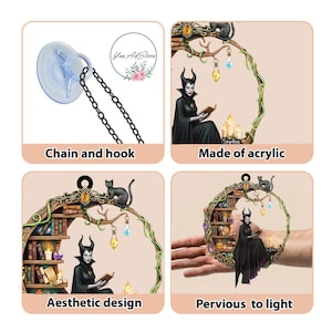 May include: Aesthetic design acrylic ornament featuring a black cat, a woman in a black dress, and a bookshelf. The ornament has a chain and hook for hanging. The text "Made of acrylic" and "Pervious to light" are also visible.