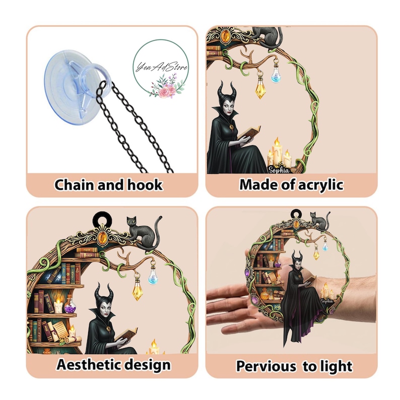 May include: Aesthetic design acrylic ornament featuring a black cat, a woman in a black dress, and a bookshelf. The ornament has a chain and hook for hanging. The text "Made of acrylic" and "Pervious to light" are also visible.