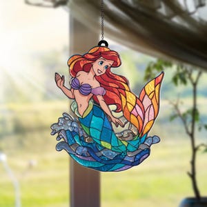 Ariel Little Mermaid Acrylic Suncatcher, Mermaid Faux Stained Glass Window Hanging, Disney Princess Decor for Girls Birthday Gift for Kids