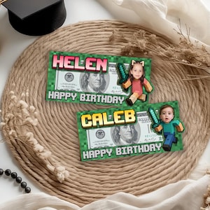 Porte-monnaie d'anniversaire pour enfant, jeu de pixels personnalisé, cadeau photo visage personnalisé pour joueur d'anniversaire, carte de voeux, porte-monnaie, cadeau d'anniversaire
