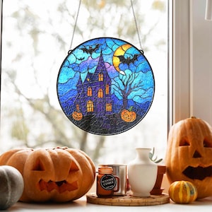 Halloween Castle Stained Glass Suncatcher, Spooky Home Decor, Pumpkin Halloween Suncatcher, Halloween Ornament, Halloween Home Decor